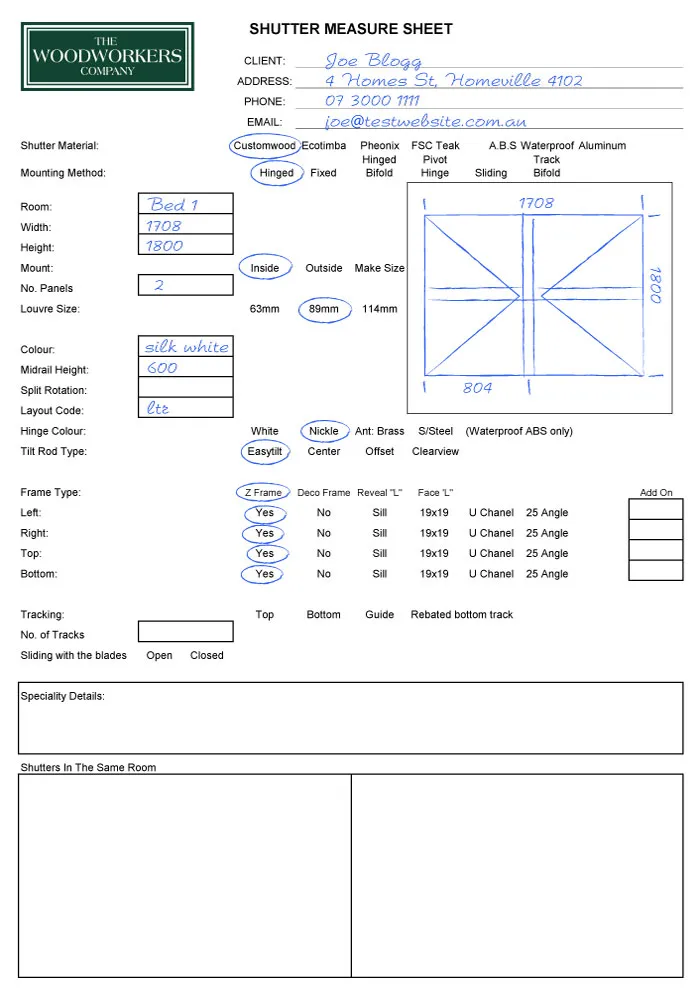 online plantation shutters - Measure Sheet example